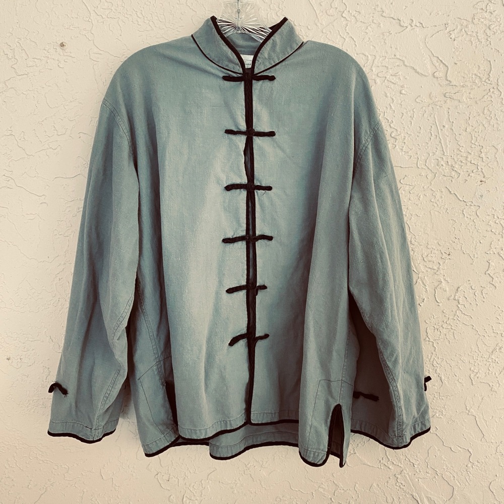 YOAA Kung Fu Frog Button Tang Jacket Mens L Gray 100% Noil Silk Mandarin Collar
